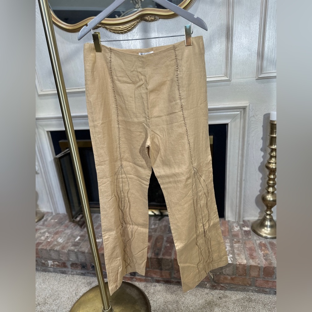 Jennifer Eden Linen Beaded Tassel Pants‎ 10 Tan Boho Western